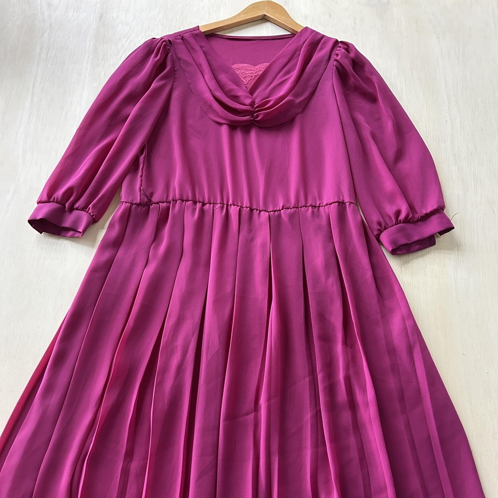 Vintage Dress Women Medium Pink Chiffon Cowl Neck Pleated Fit & Flare Long Party